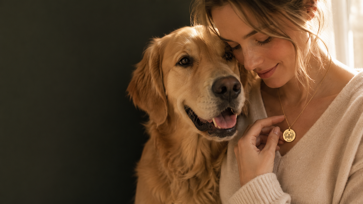 Frau mit Hund – personalisierter Treuespur Schmuck mit Tierporträt