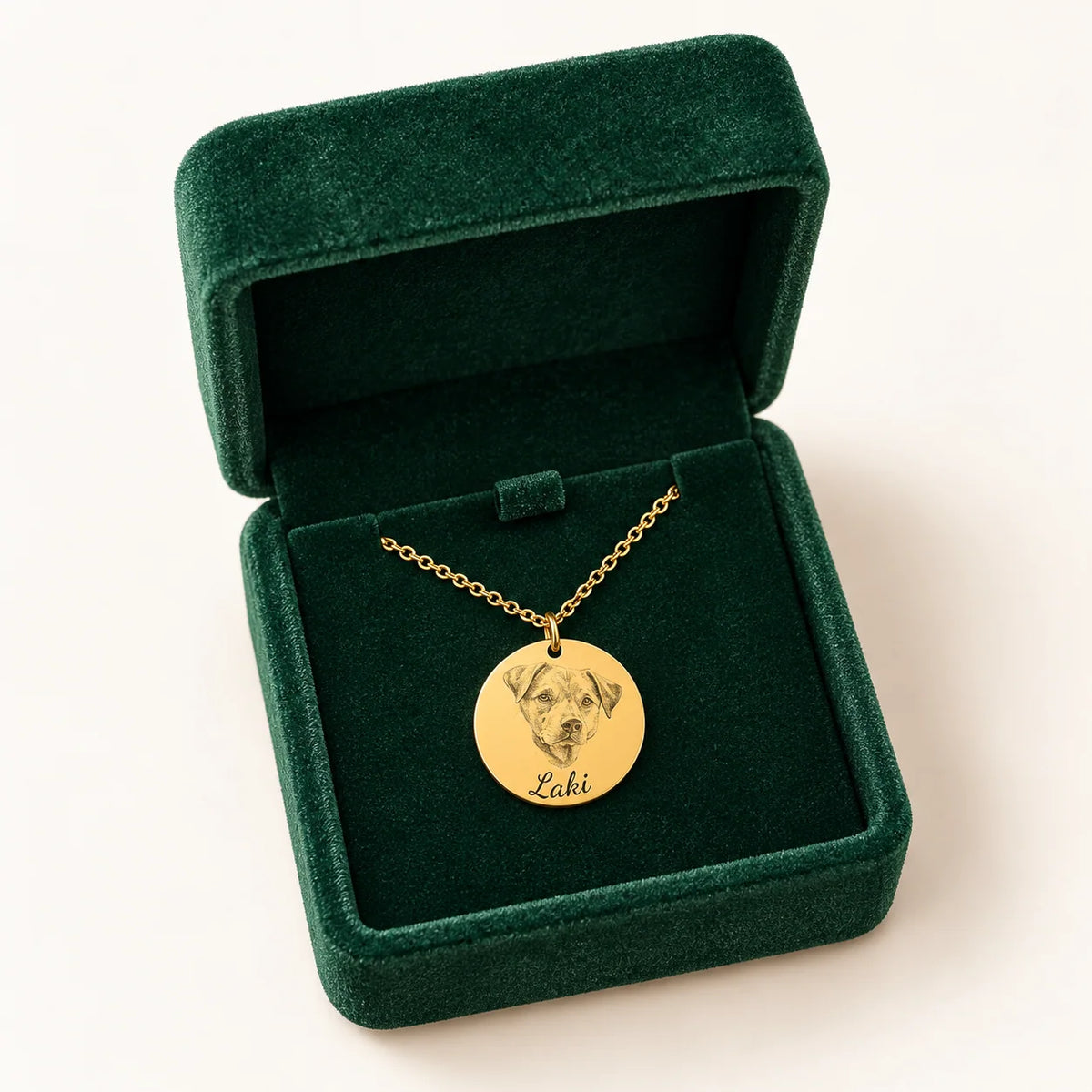 Open Treuespur box with engraved pet portrait necklace