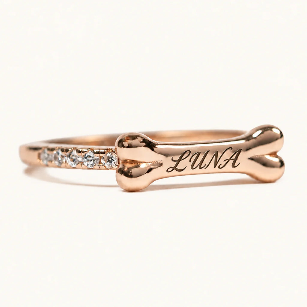 Rose gold personalized bone ring engraved with LUNA and zirconia accents – Treuespur