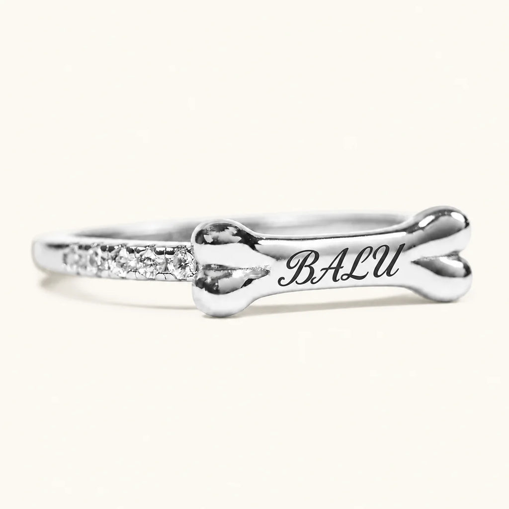 Silver personalized bone ring engraved with BALU and zirconia accents – Treuespur