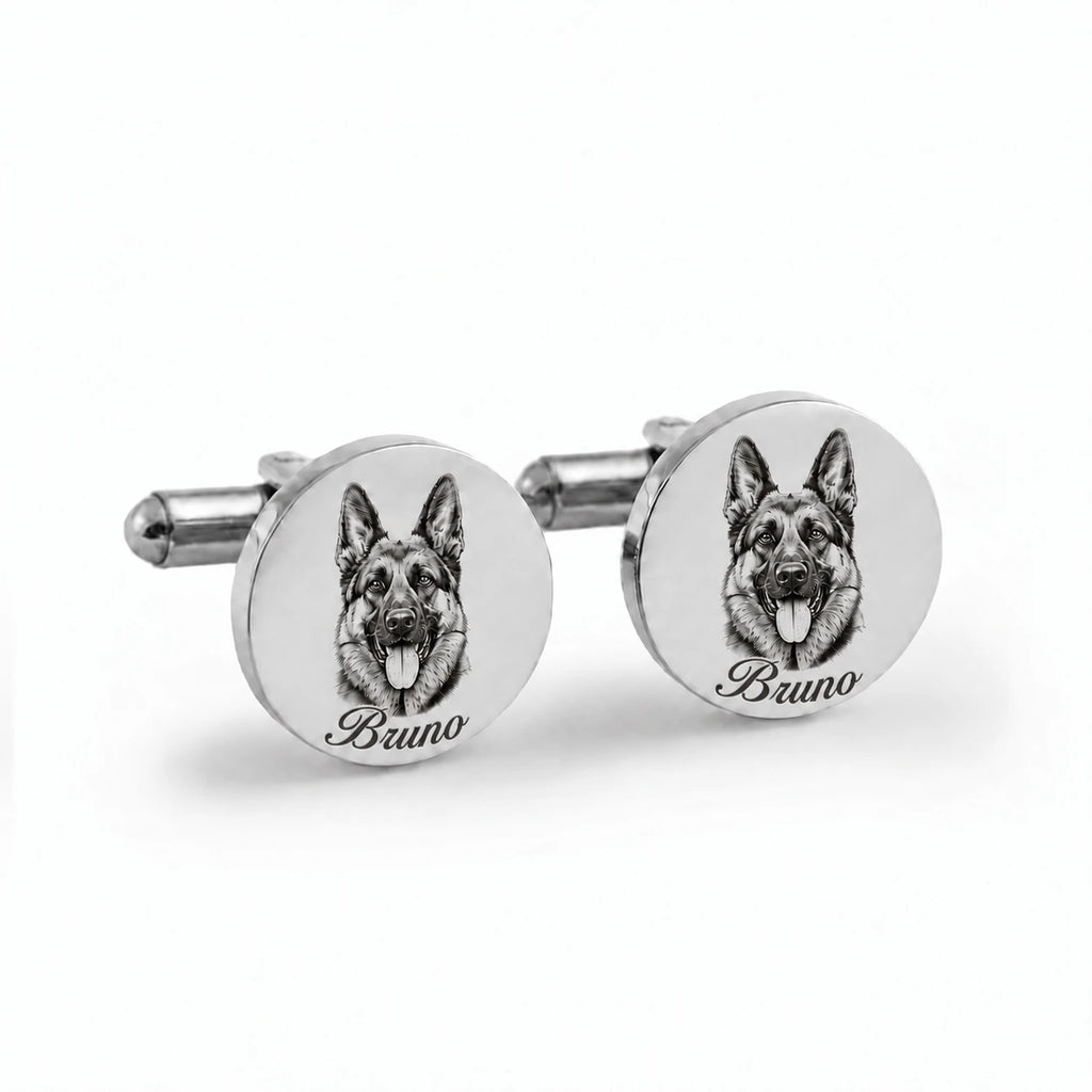 Matching pair of cufflinks with the same engraved pet portrait and Bruno's name on both