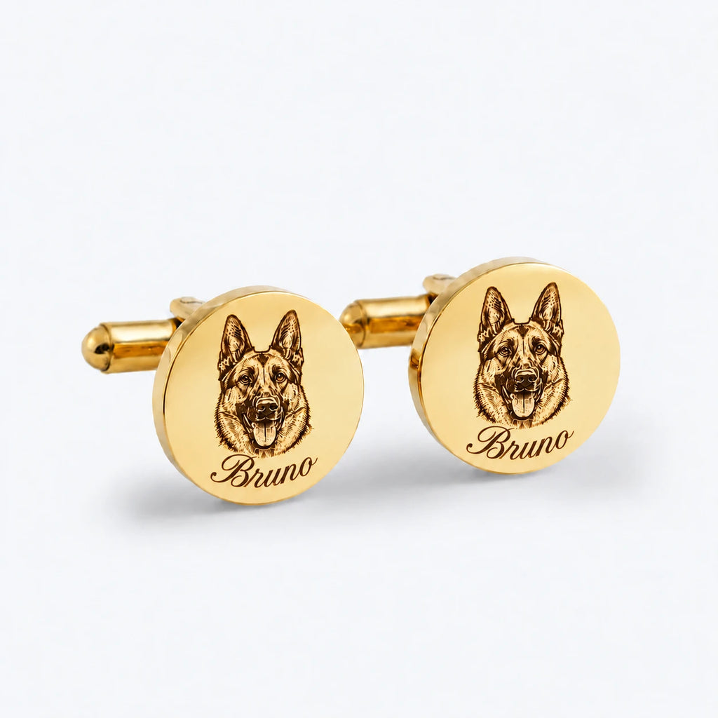 Matching pair of cufflinks with the same engraved pet portrait and Bruno's name on both