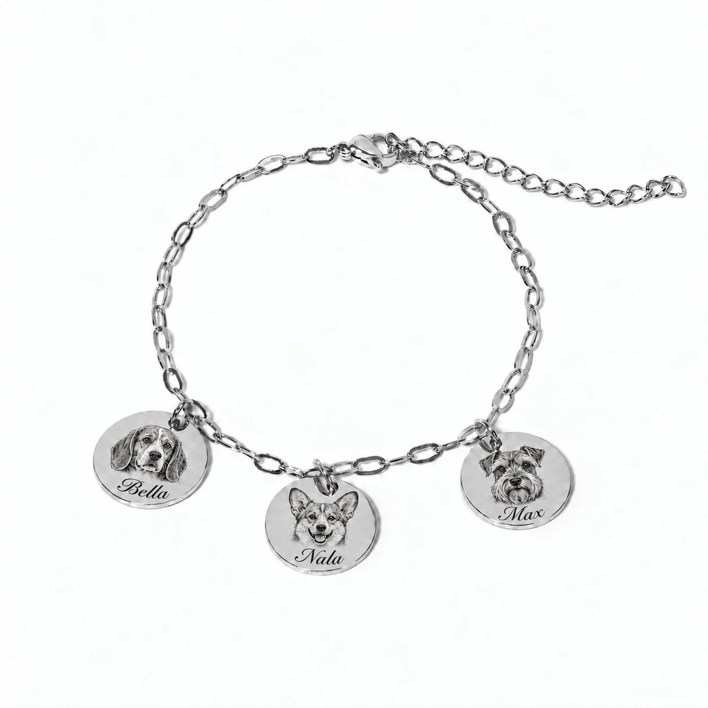 Pet portrait engraving with names Bella, Nala, Max in font 22