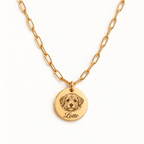 18K gold-plated paperclip necklace with 1 engraved pet portrait and name engraving in font 22