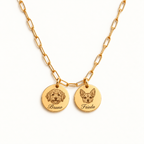 18K gold-plated paperclip necklace with 2 engraved pet portraits and name engraving in font 22
