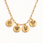 18K gold-plated paperclip necklace with 4 engraved pet portraits and name engraving in font 22