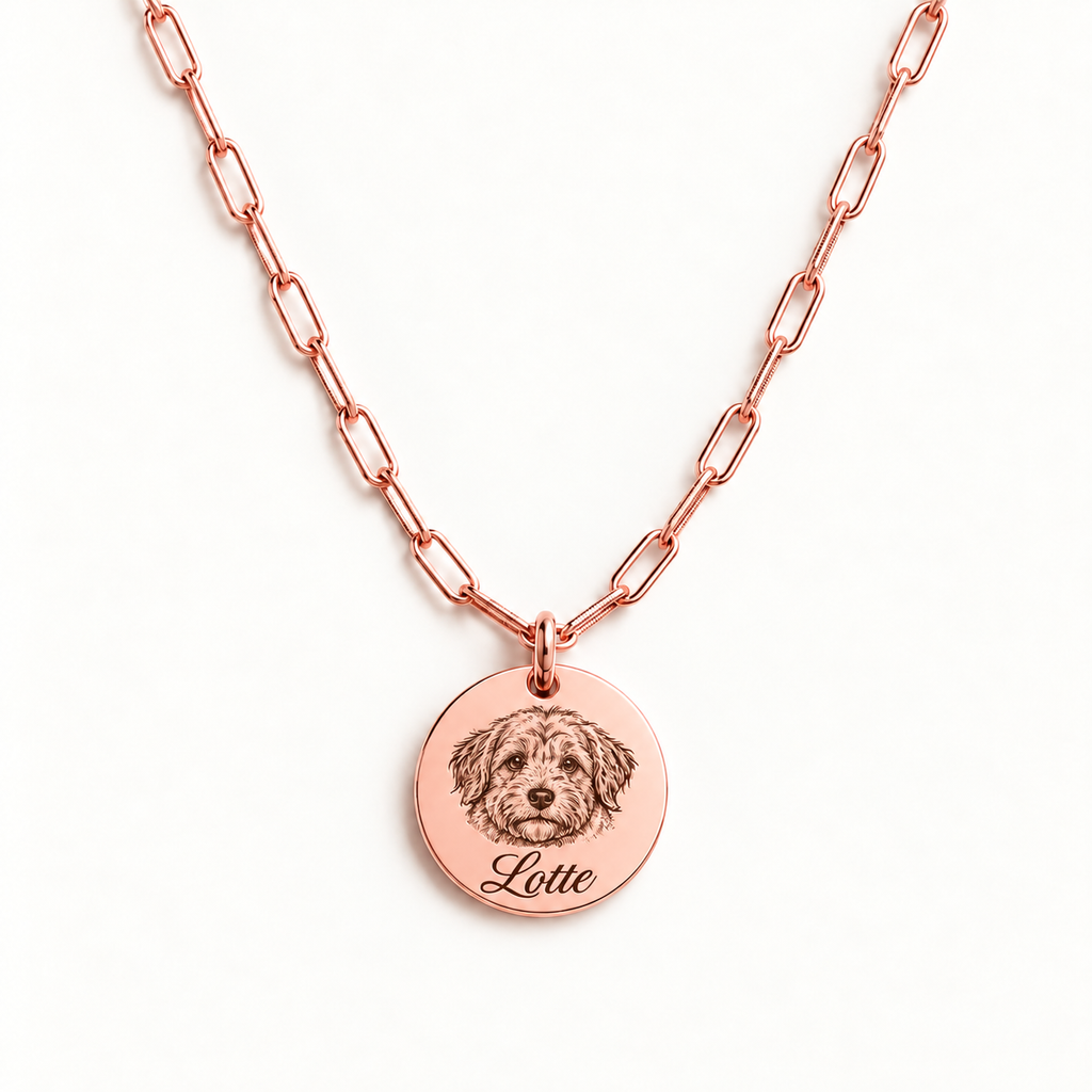 18K rose gold-plated paperclip necklace with 1 engraved pet portrait and name engraving in font 22
