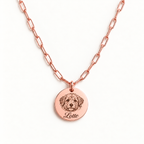 18K rose gold-plated paperclip necklace with 1 engraved pet portrait and name engraving in font 22