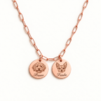 18K rose gold-plated paperclip necklace with 2 engraved pet portraits and name engraving in font 22