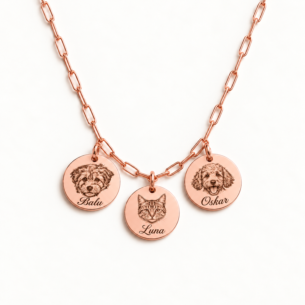 18K rose gold-plated paperclip necklace with 3 engraved pet portraits and name engraving in font 22