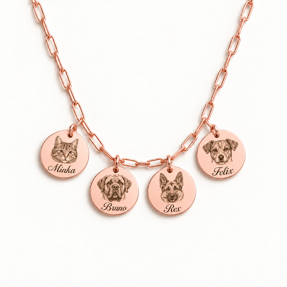 Paperclip-Kette 18K rosévergoldet mit 4 Tierporträts und Namensgravur in Schrift 22