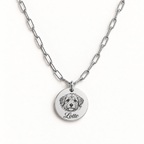 Silver paperclip necklace with 1 engraved pet portrait and name engraving in font 22