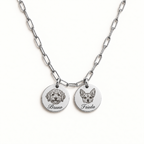 Silver paperclip necklace with 2 engraved pet portraits and name engraving in font 22
