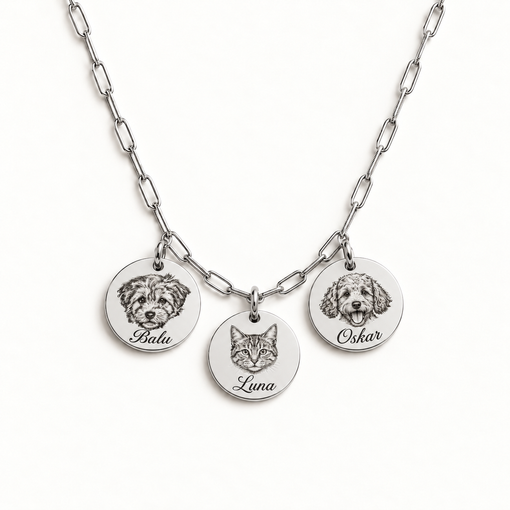 Silver paperclip necklace with 3 engraved pet portraits and name engraving in font 22