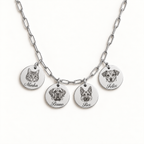 Silver paperclip necklace with 4 engraved pet portraits and name engraving in font 22