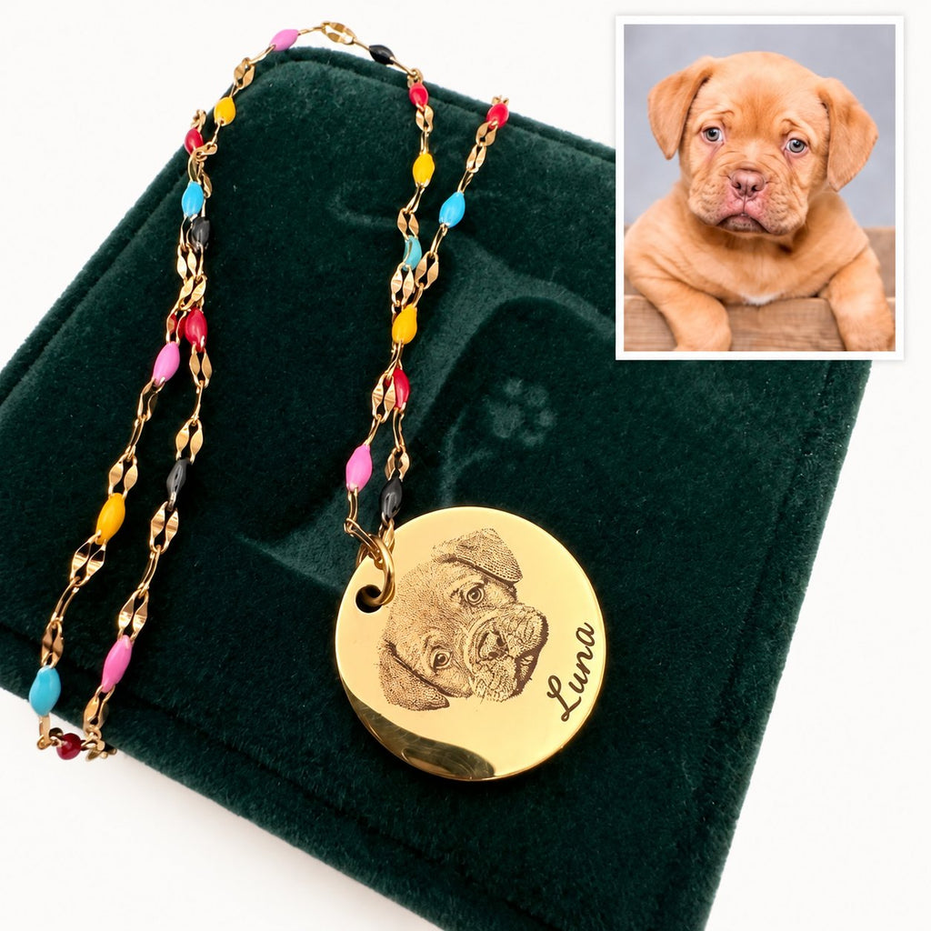 Rainbow Bridge necklace with Luna engraving on dark-green gift box against cream background