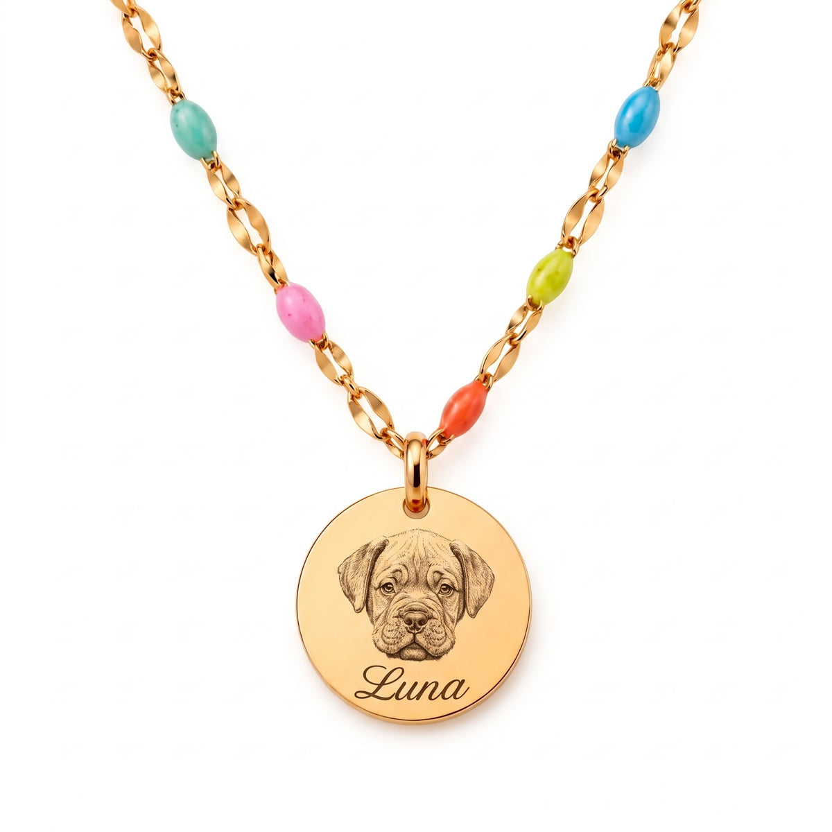 Regenbogenbrücke Kette Gold – Luna Gravur mit bunten Perlen