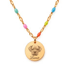 Gold Rainbow Bridge necklace with Luna engraving and colorful beads