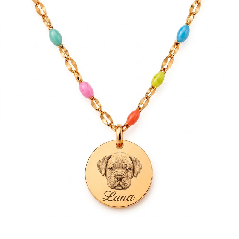 Regenbogenbrücke Kette Gold – Luna Gravur mit bunten Perlen