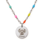 Silver Rainbow Bridge necklace with Luna engraving and colorful beads