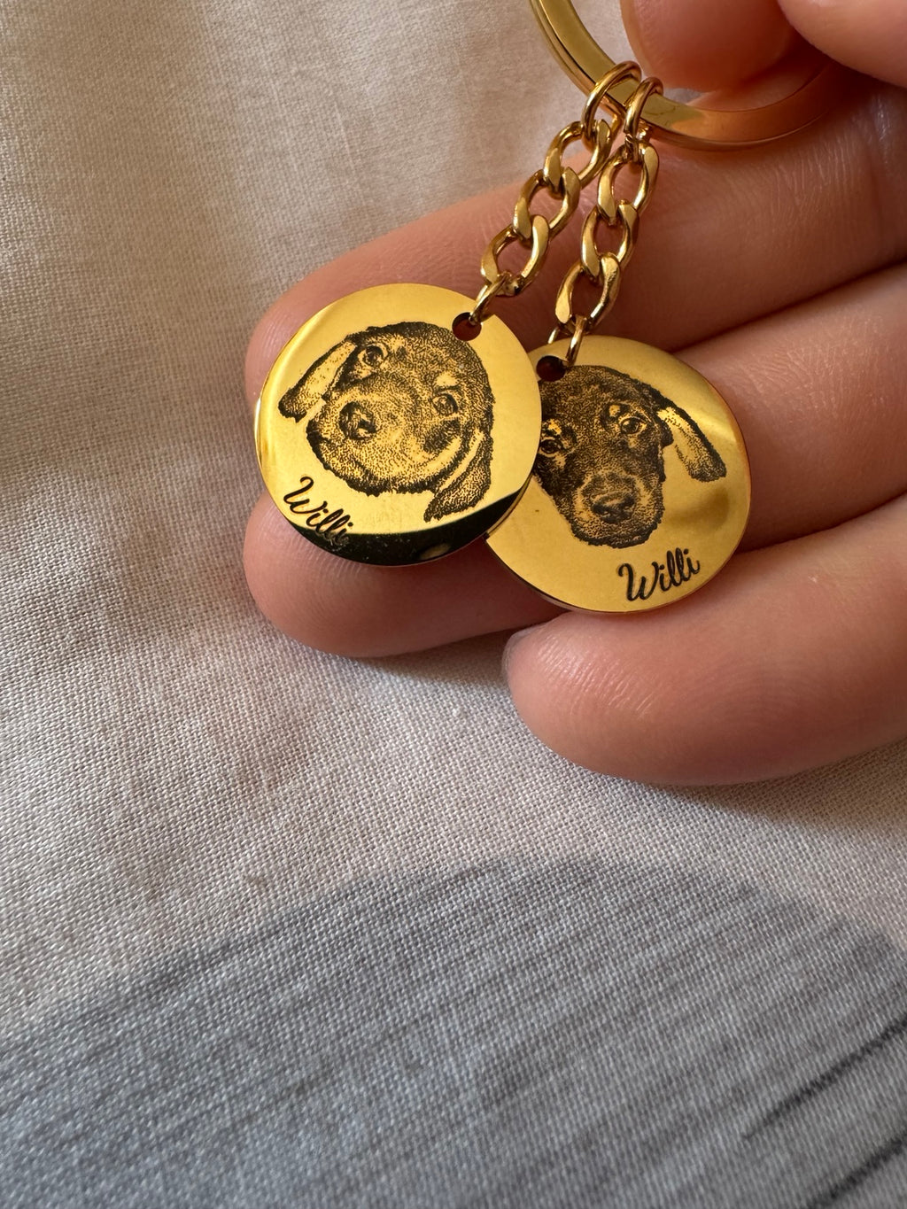 Customer photo of keychain with two Willi portraits
