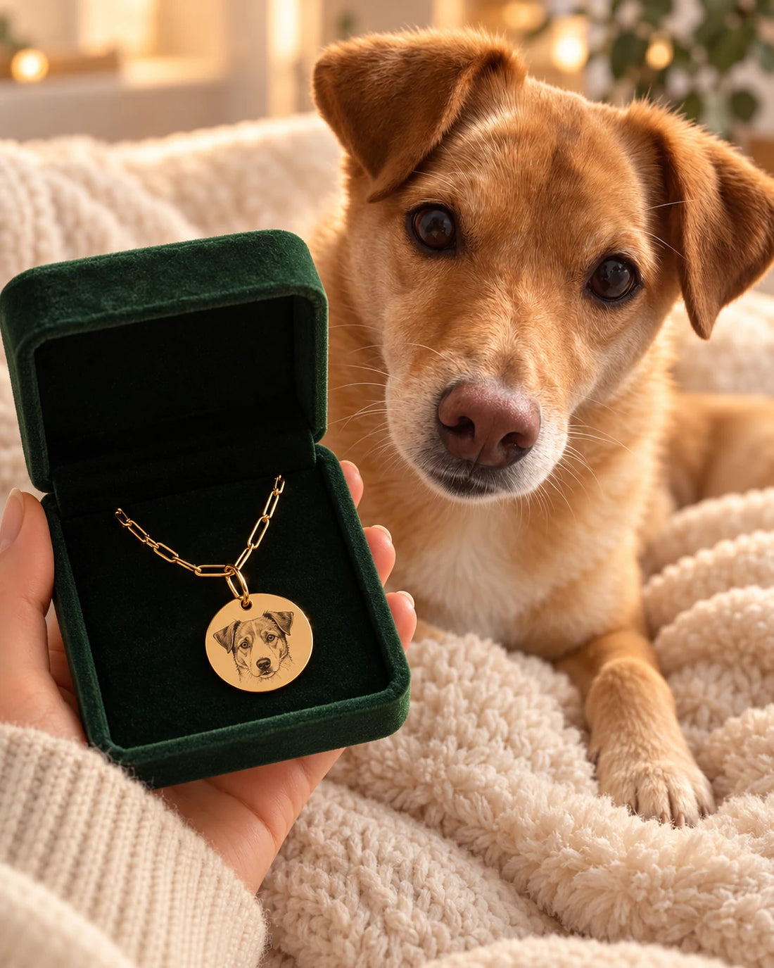 Illustration of personalized pet necklace in dark-green gift box beside dog