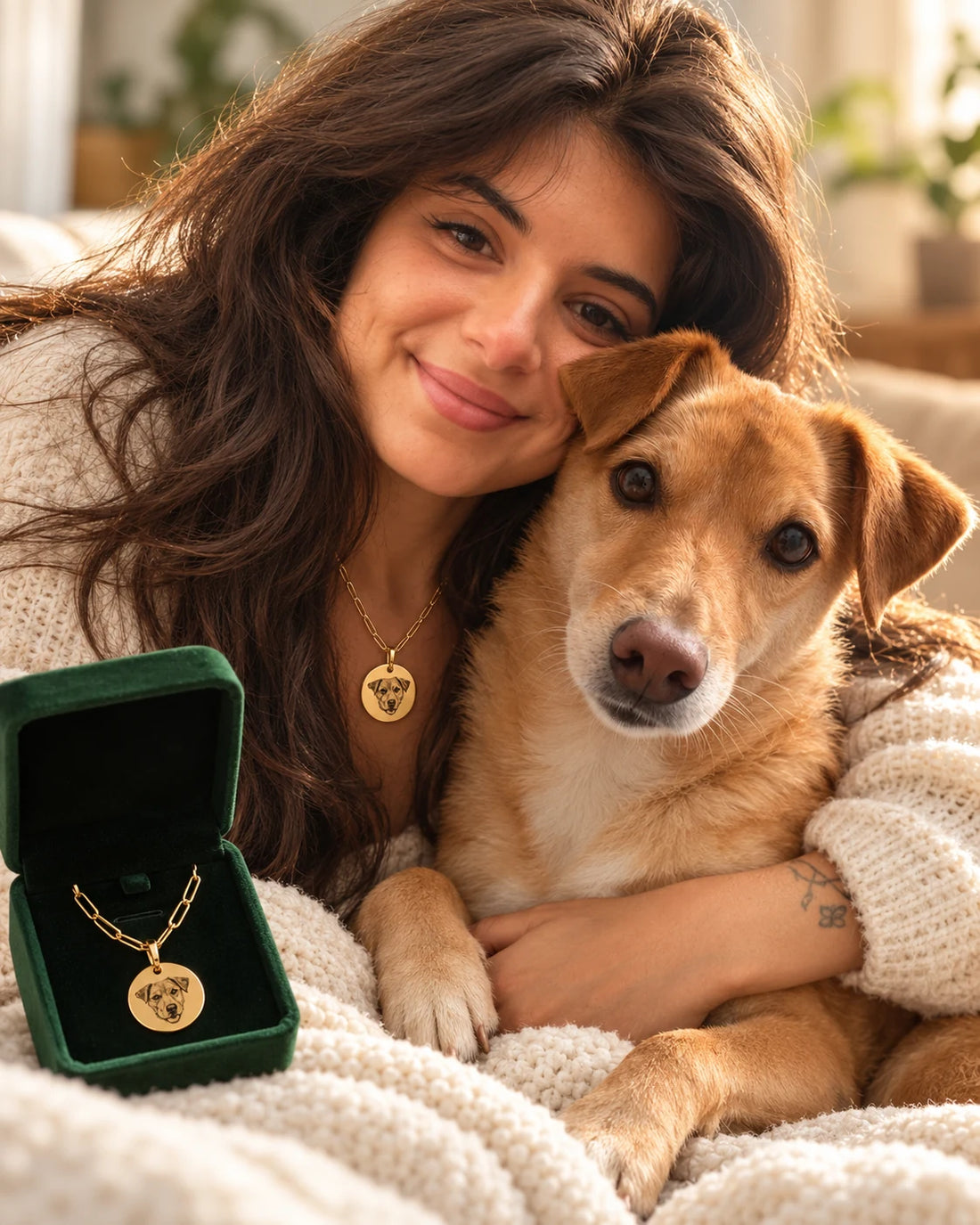 Lifestyle image: woman with dog Laki, Treuespur necklace and gift box
